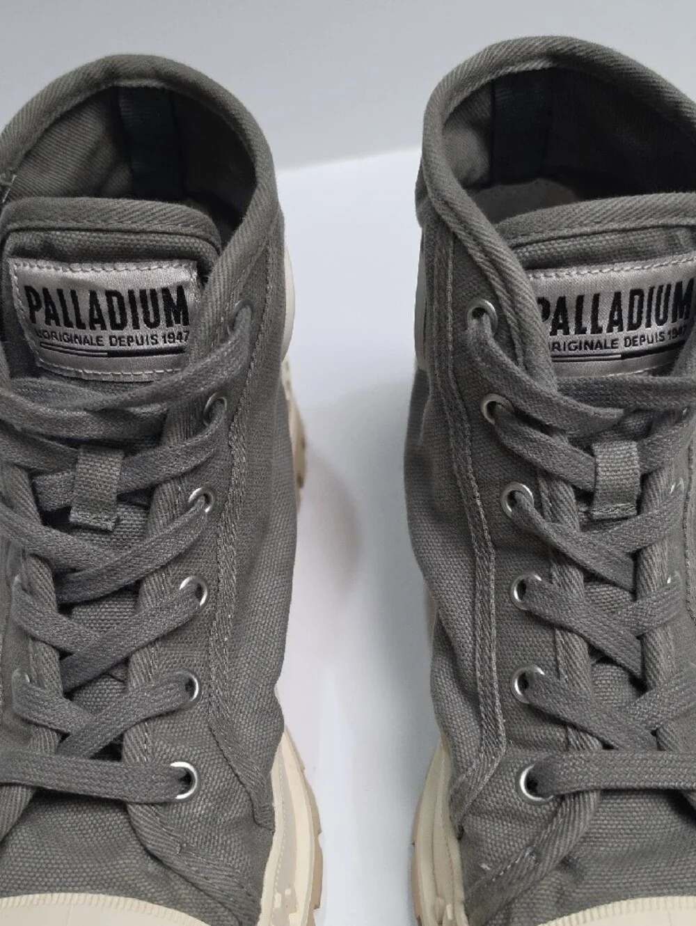 Palladium Charcoal Canvas High-Top Sneaker with Cream Sole - Size 10W or 8.5M